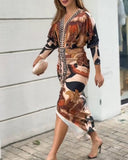 Vintage Baroque Deep V Neck Long Sleeve Slit Bodycon Dress Ruched Slim Fit Vacation Dress