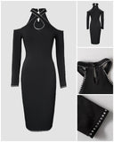 Rhinestone Decor Halter Cold Shoulder Long Sleeve Bodycon Dress Hollow-out Front & Back Evening Dress