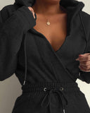 Overlap V Neck Drop Shoulder Cinched Waist Drawstring Hoodie Dress Casual Flap Cargo Pockets Design Drawstring Elastic Waist Midi Dress