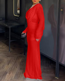 Cowl Neck Ruched Zipper Back Slim Fit Maxi Dress Casual Padded Shoulders Backless Evening Dress