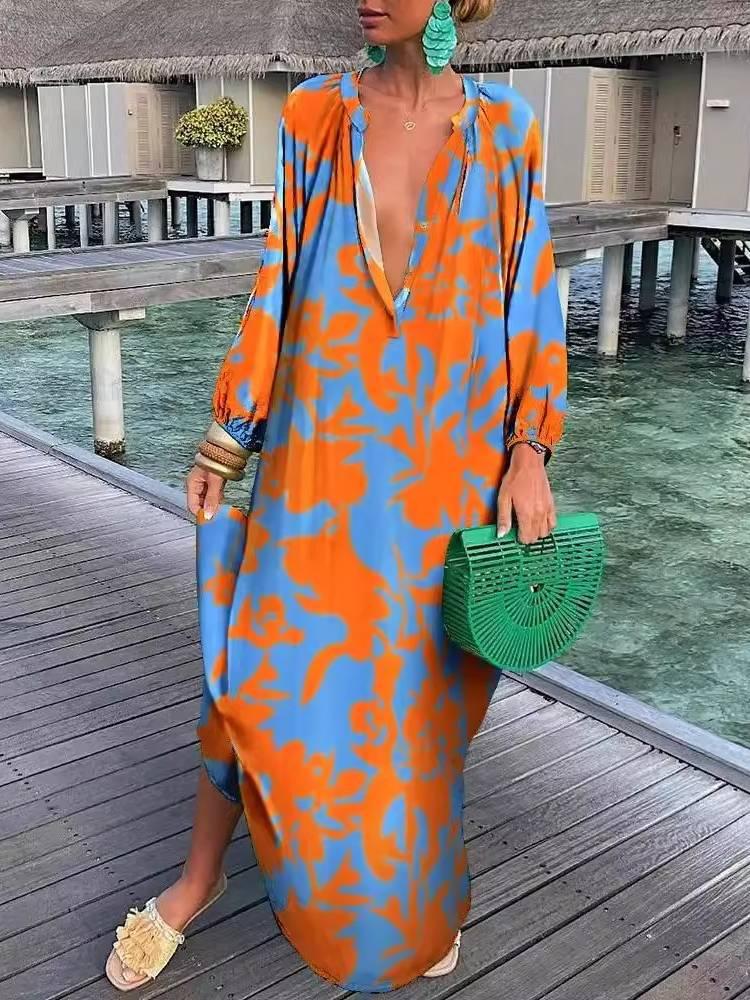 Aurohaya Printed V-neck Long-sleeved Loose Dress Orange