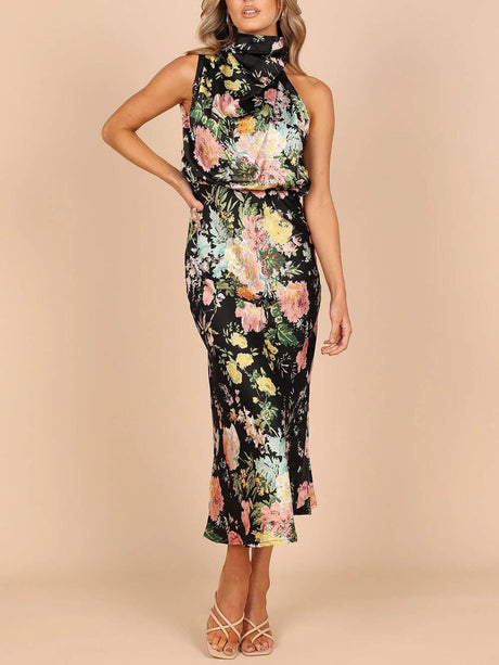 Aurohaya Floral Halter Neck Elastic Waist Maxi Dress