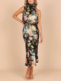 Aurohaya Floral Halter Neck Elastic Waist Maxi Dress