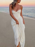 Aurohaya Elegant Pleated Strapless Maxi Dress White