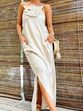 Aurohaya Floral Embellishment Pocketed Slit Maxi Dress Beige