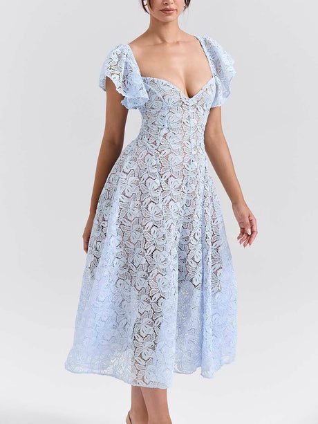 Aurohaya Romantic Bluebell Lace Butterfly Sleeve Sweetheart Neck Stretch Midi Dress