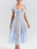 Romantic Bluebell Lace Butterfly Sleeve Sweetheart Neck Stretch Midi Dress