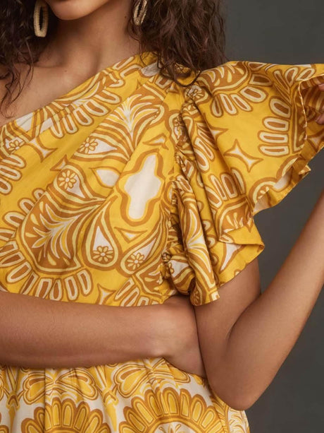 Aurohaya Exquisite Unique Print One Shoulder Ruffle Sleeve Tiered Maxi Dress