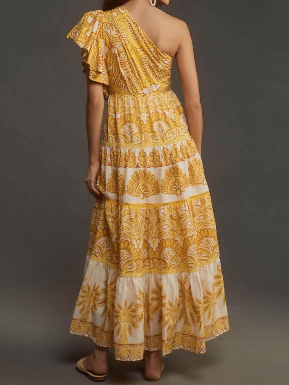 Aurohaya Exquisite Unique Print One Shoulder Ruffle Sleeve Tiered Maxi Dress