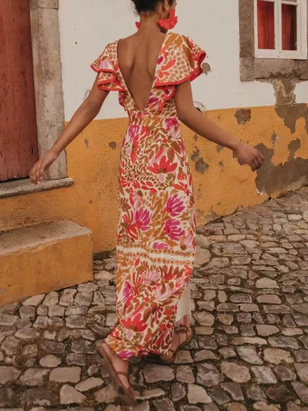 Aurohaya Fashionable V-Neck Ruffled Open Print Backless Dress