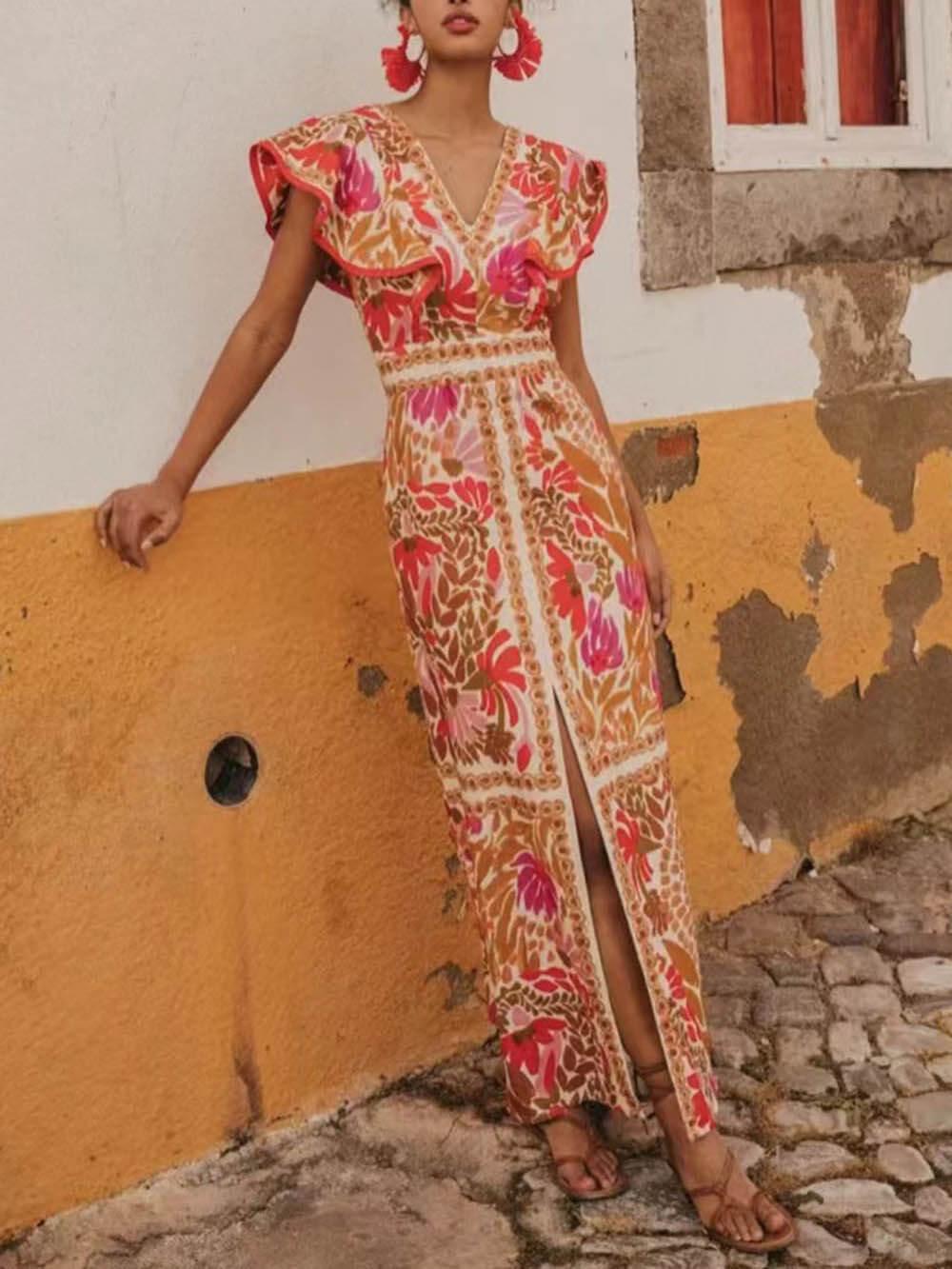 Aurohaya Fashionable V-Neck Ruffled Open Print Backless Dress Orange