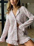 Leopard Print Long Sleeve Shorts Pajamas Suit