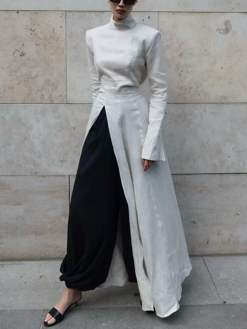 Aurohaya Long Sleeve Slit Shirt Dress And Wide Leg Pants Suit-Shirt Dress