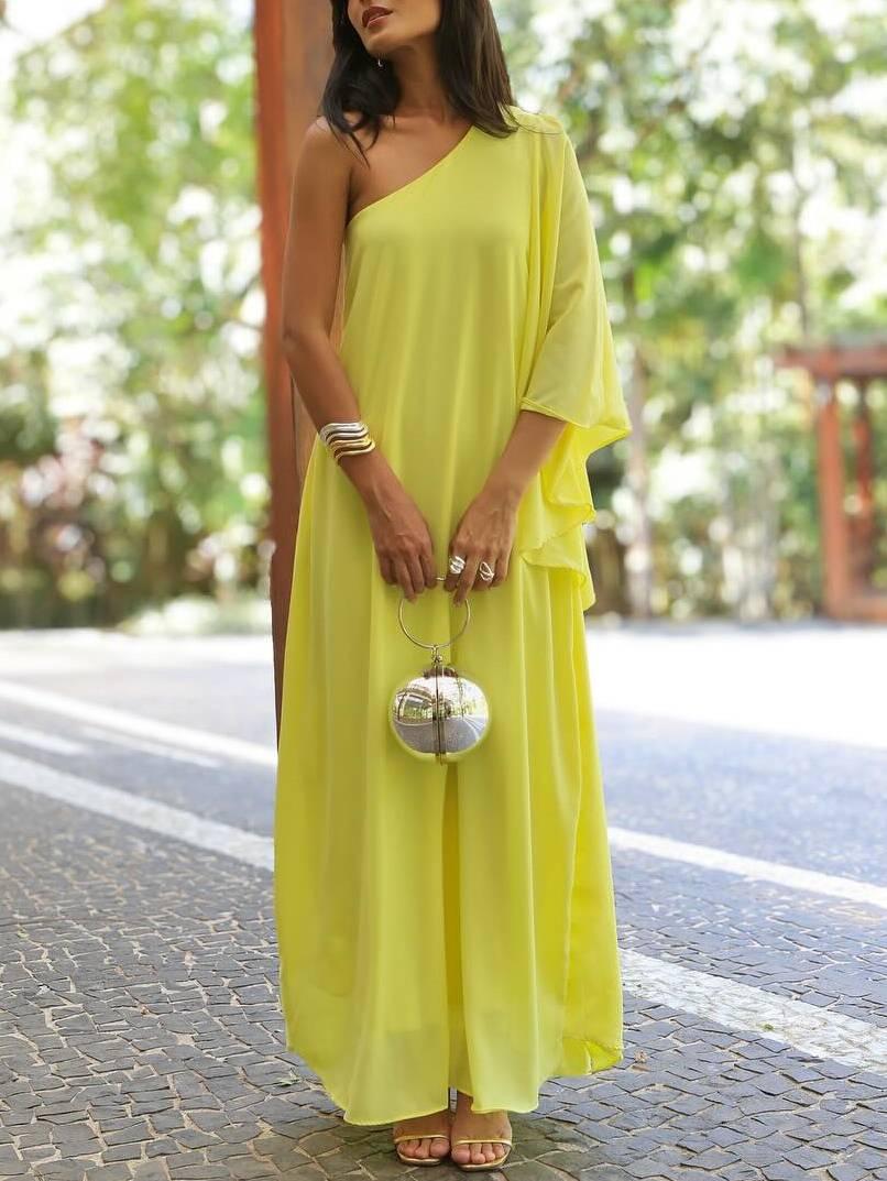 Aurohaya Single-sleeve Design Slant Collar A- Line Maxi Dress Yellow