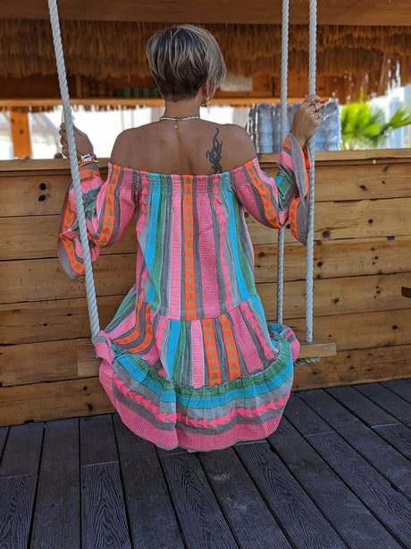 Aurohaya Linen Blend Ethnic Print Off Shoulder Loose Mini Dress