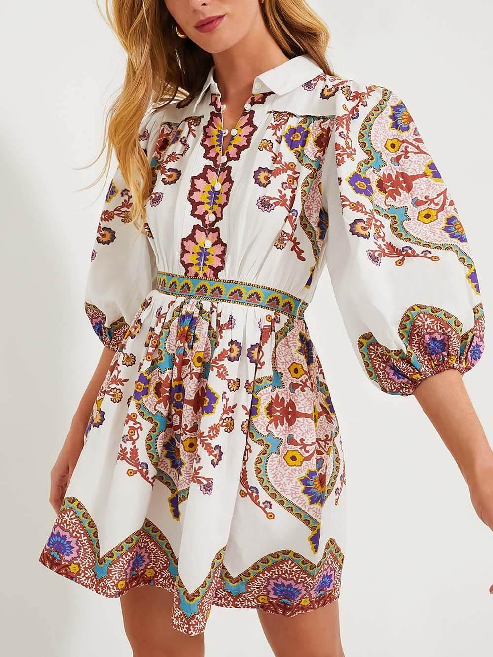 Aurohaya Unique Print Puff Sleeve Pocketed Shirt Mini Dress White