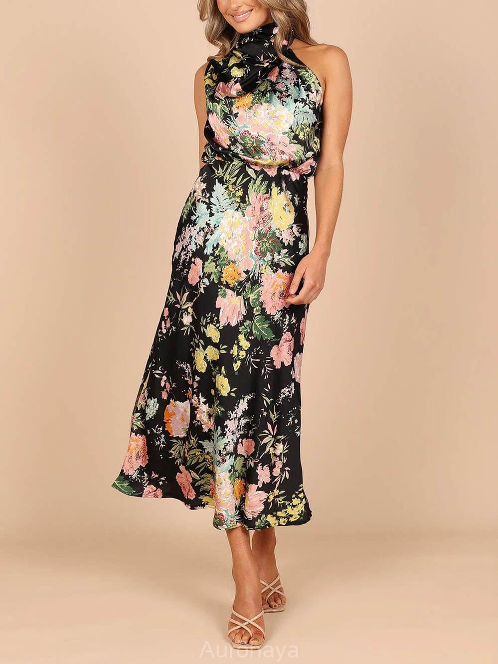 Aurohaya Floral Halter Neck Elastic Waist Maxi Dress