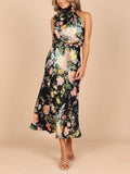 Aurohaya Floral Halter Neck Elastic Waist Maxi Dress