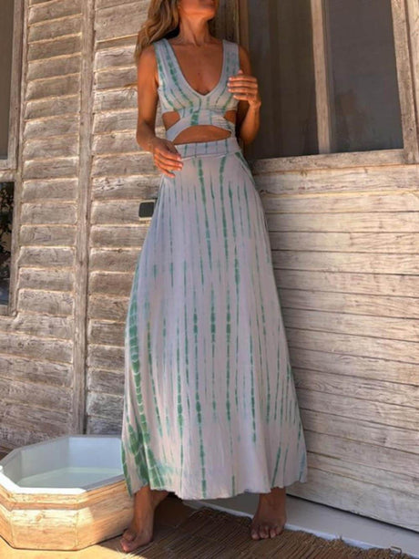 Aurohaya Unique Tie-Dye Print Hollow Slit Maxi Dress