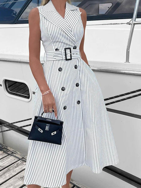 Aurohaya Fashion Stripe Print Sleeveless Suit Collar Belted Midi Dress