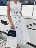 Fashion Stripe Print Sleeveless Suit Collar Belted Midi Dress
