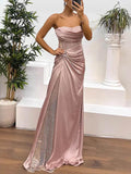 Aurohaya Delicate Satin Paneled Mesh Sequin Fabric Off Shoulder Ruched Drape Maxi Dress Pink