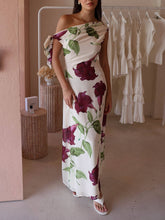 Elegant Floral Print One-Shoulder Tie Maxi Dress