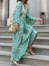 Aurohaya Fashionable And Casual V-Neck Colorblock Print Maxi Dress Green