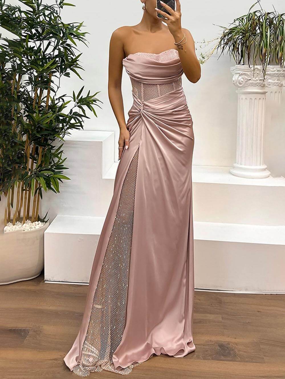 Aurohaya Delicate Satin Paneled Mesh Sequin Fabric Off Shoulder Ruched Drape Maxi Dress