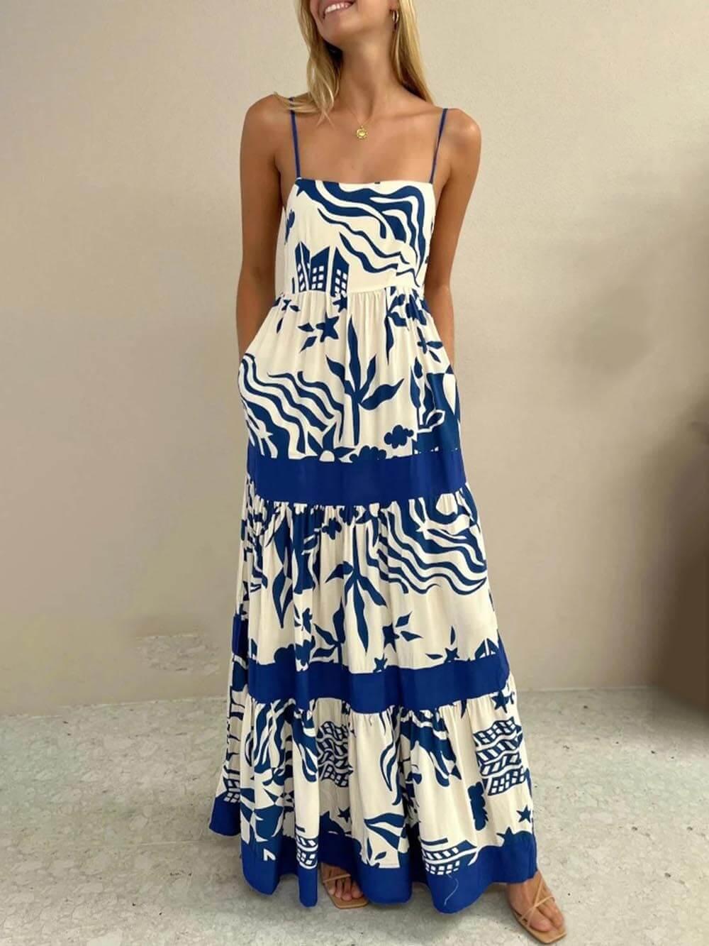 Aurohaya Elegant Ruffled With Floral Print Maxi Dress Blue