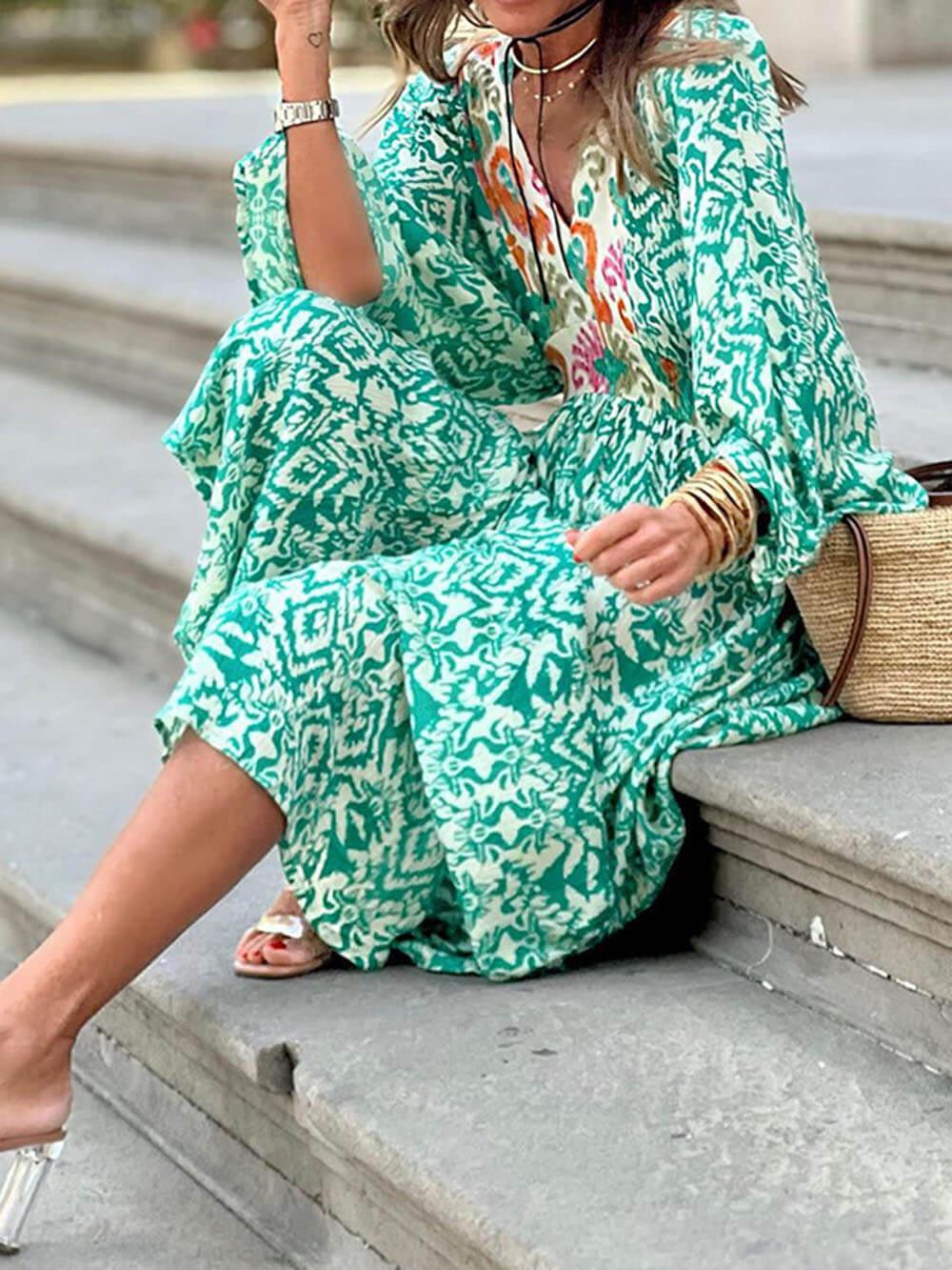 Aurohaya Fashionable And Casual V-Neck Colorblock Print Maxi Dress
