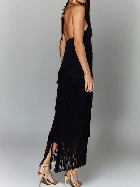 Aurohaya Fashionable Halter Neck Tassel Backless Slit Party Dress