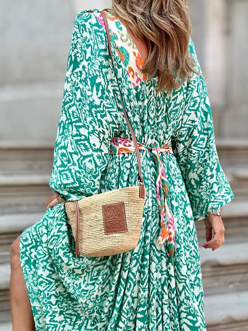 Aurohaya Fashionable And Casual V-Neck Colorblock Print Maxi Dress