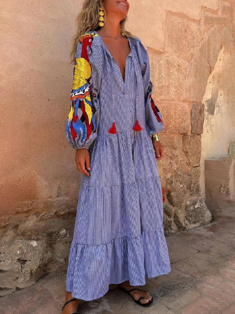 Aurohaya Unique Peacock Pattern Striped Print Deep V Loose Maxi Dress