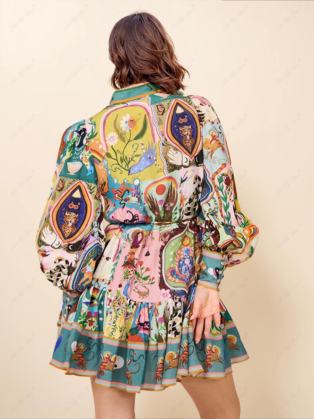 Aurohaya Casual Graffiti Evergreen Printing Mini Dress