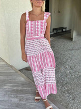 Aurohaya Elegant Ruffle Printed Midi Dress Pink