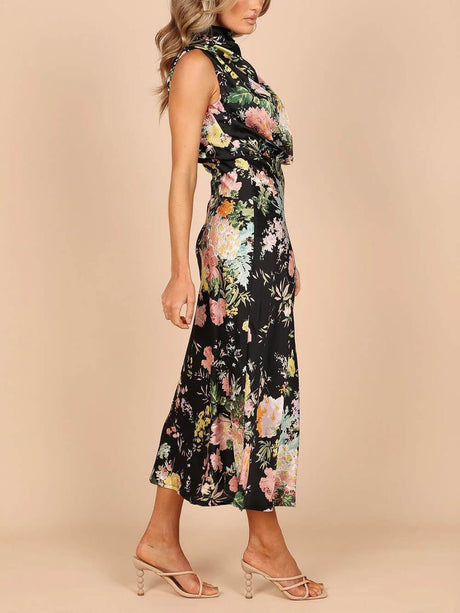 Aurohaya Floral Halter Neck Elastic Waist Maxi Dress