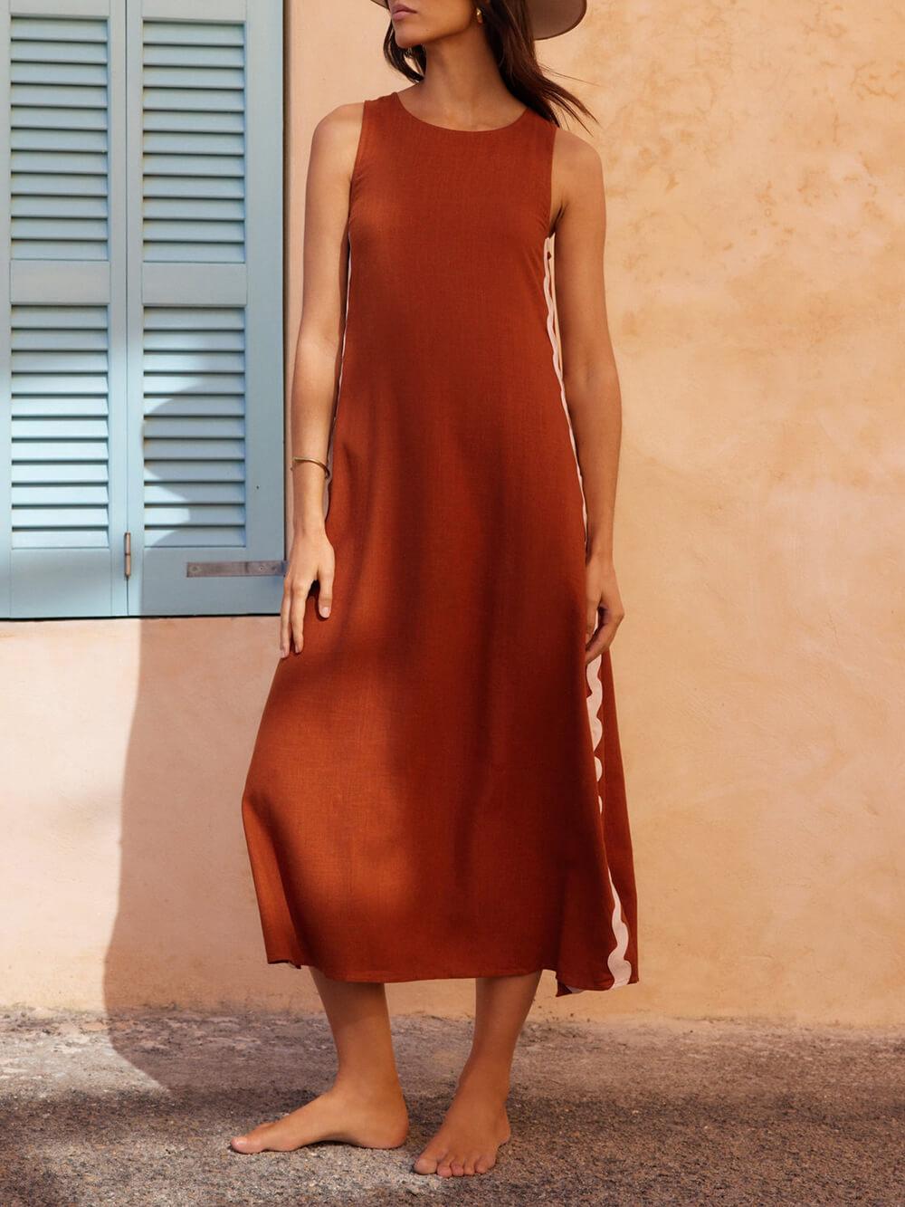 Aurohaya Side Wave Stripes Embellished Side Slit Loose Dress Brown