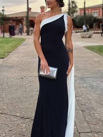 Aurohaya Contrast Color Oblique Shoulder Ribbon Dress Black