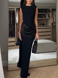 Unique Pleated Design Sleeveless Wide Shoulder Maxi Dress
