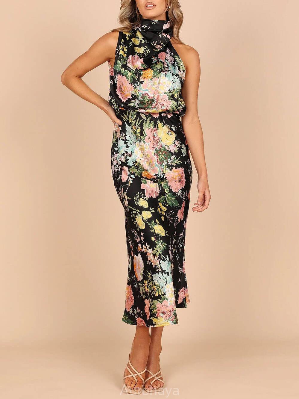 Aurohaya Floral Halter Neck Elastic Waist Maxi Dress