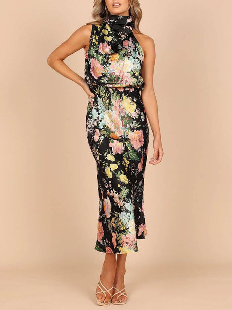 Aurohaya Floral Halter Neck Elastic Waist Maxi Dress