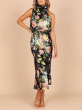 Aurohaya Floral Halter Neck Elastic Waist Maxi Dress