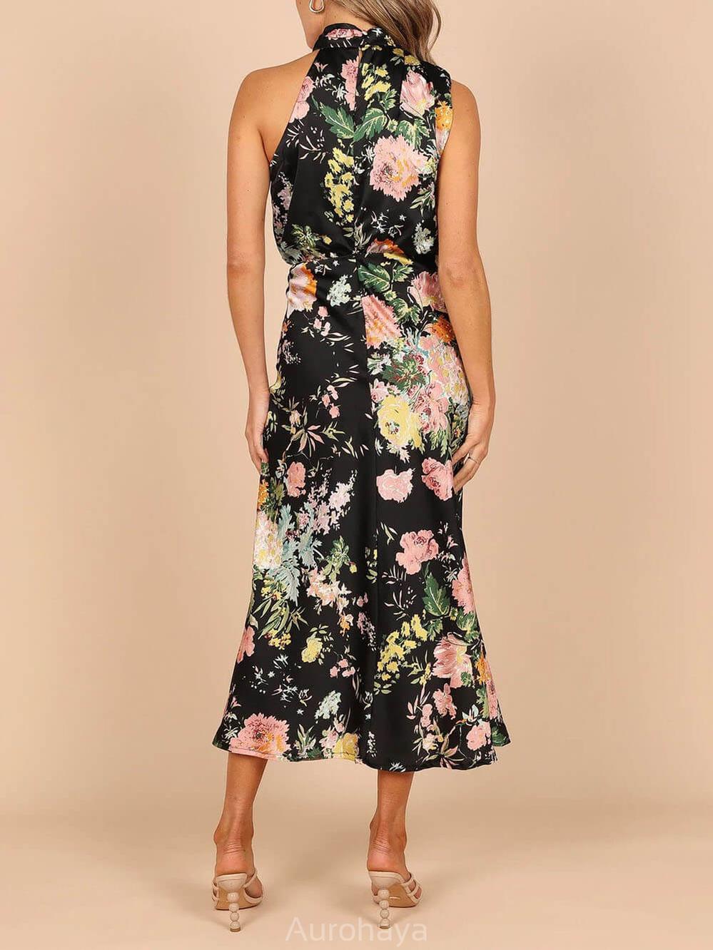 Aurohaya Floral Halter Neck Elastic Waist Maxi Dress