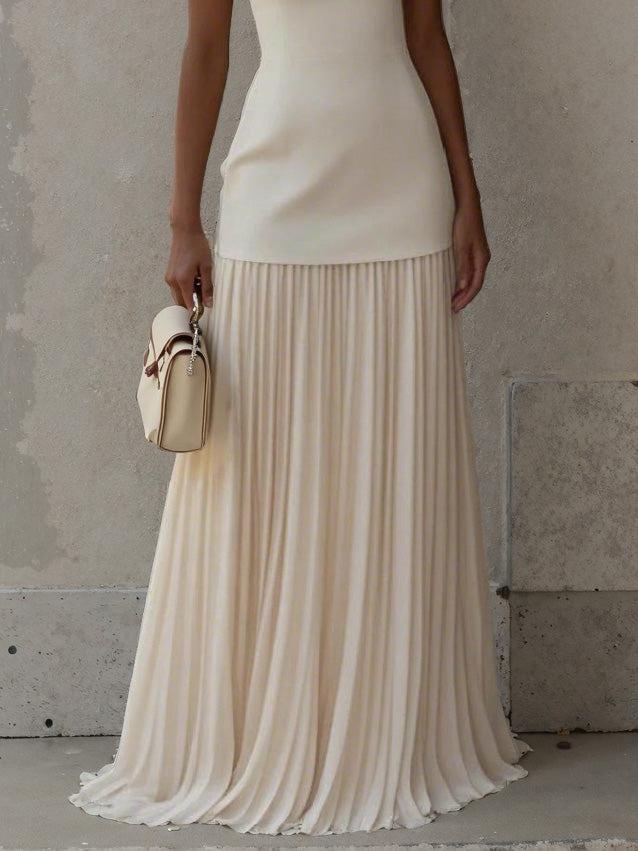 Aurohaya Elegant Pleated Classic Boat Neck Pleated Maxi Dress