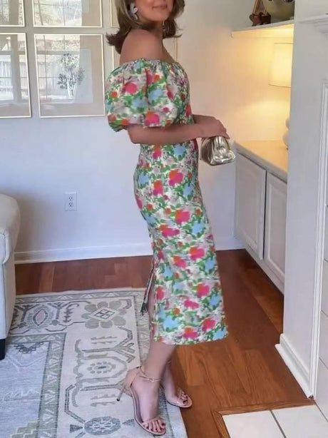 Aurohaya Bubble-Sleeve Floral Dress