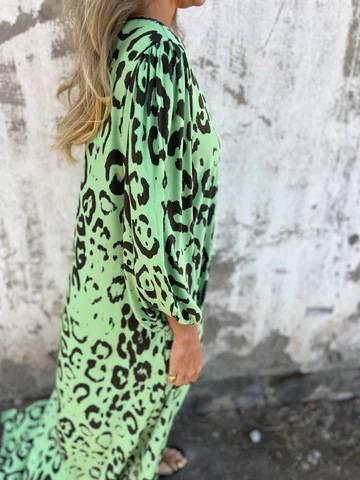 Aurohaya Leopard Print V-neck Pullover Long-sleeved Loose Dress