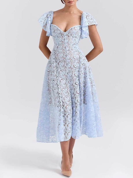 Aurohaya Romantic Bluebell Lace Butterfly Sleeve Sweetheart Neck Stretch Midi Dress Blue