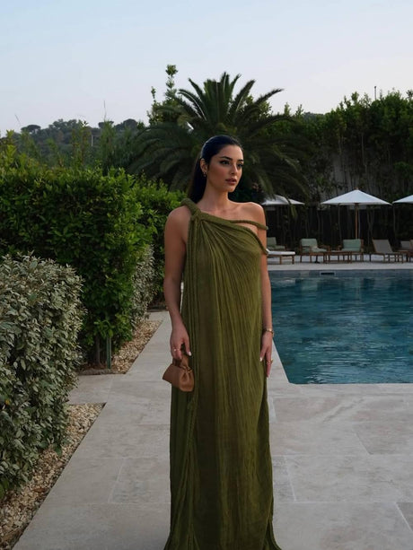 Aurohaya Vacation Style Off-Shoulder Braided Design Maxi Dress
