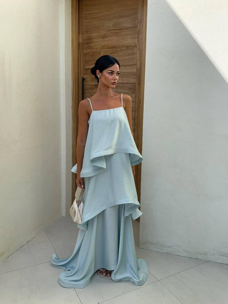 Aurohaya Elegant Three-layer Ruffle Sling Maxi Dress